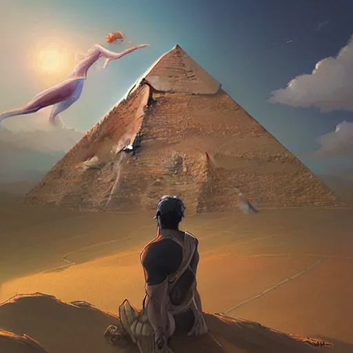 Image similar to path towards a pyramid with black snake in the sky ,by artgerm and Craig Mullins, James Jean, Andrey Ryabovichev, Mark Simonetti and Peter Morbacher 16k