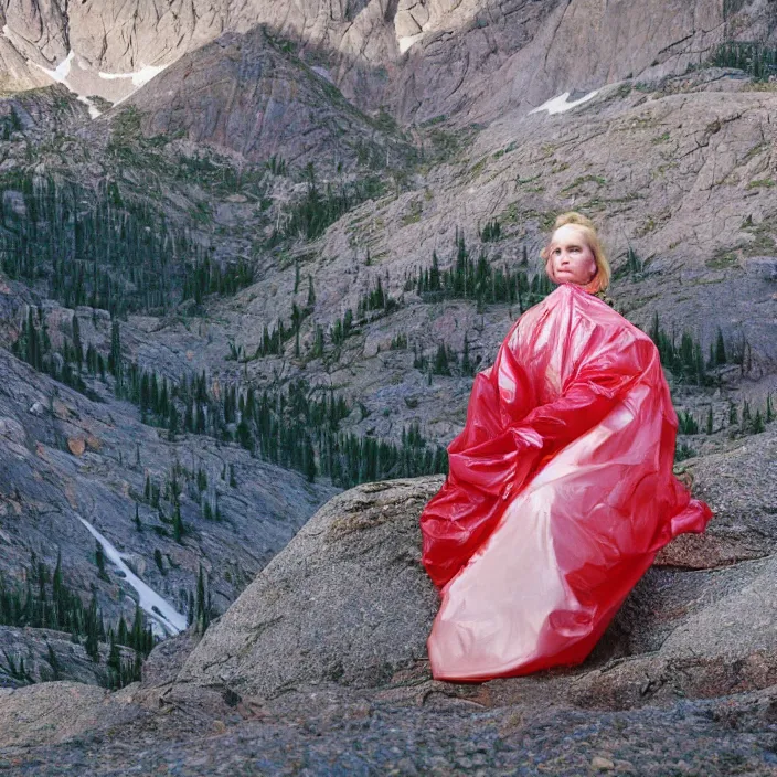 Prompt: a color photograph, closeup portrait of a woman wrapped in plastic, sitting on a throne, in rocky mountain national park in colorado, color photograph, by vincent desiderio, canon eos c 3 0 0, ƒ 1. 8, 3 5 mm, 8 k, medium - format print