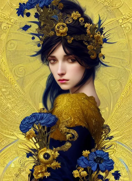 Image similar to beautiful black blue yellow, complicated gold and blue flowers in baroque style headwears, dark fantasy, intricate, elegant, highly detailed, digital painting, artstation, concept art, matte, 3 d 8 k octane rendered, sharp focus, illustration, octane rendered, art by artgerm and alphonse mucha, leesha hannigan