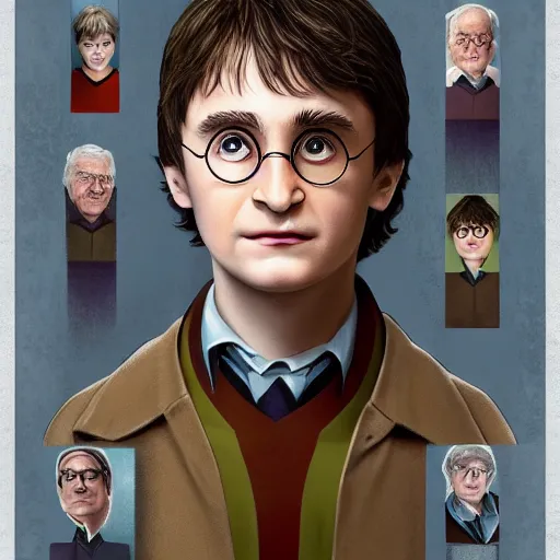 Prompt: a portrait of harry potter at the age of 7 0, detailed, conceptual, close up shot, trending on artstation