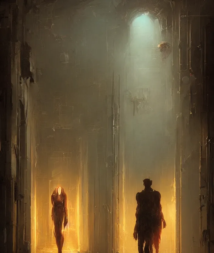 Prompt: a highly detailed epic cinematic concept art cg render digital painting artwork of a dark hallway, at the end there is a mysterious door with a neonsign by greg rutkowski, in the style of francis bacon and syd mead and norman rockwell and beksinski