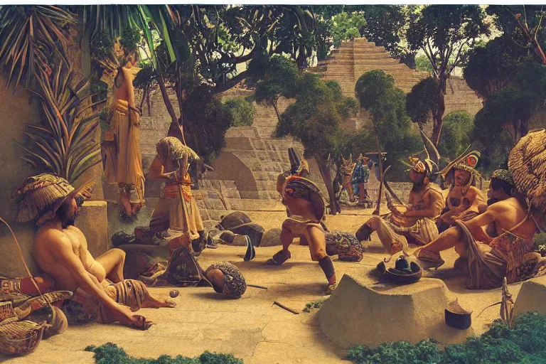 Prompt: painting of a spanish conquistadors at the aztec pyramids, jungle, sunset, chill, romantic, by ludwig deutsch and maxfield parrish, patterned tilework, extremely detailed, cinematic lighting, smooth sharp focus