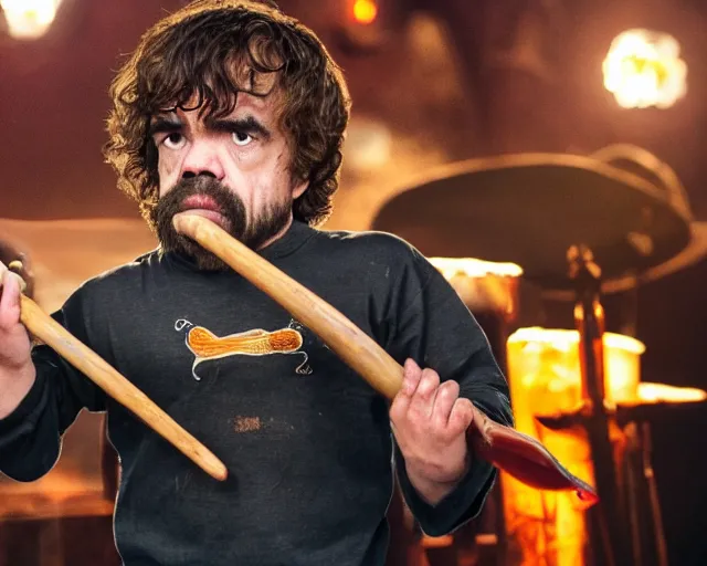 Prompt: photo still of peter dinklage sweeping potatos, 8 k, live concert lighting, mid shot