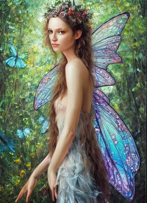 Prompt: beautiful oil painting full body portrait fairy faerie fey princess standing in forest highly detailed subtle alluring