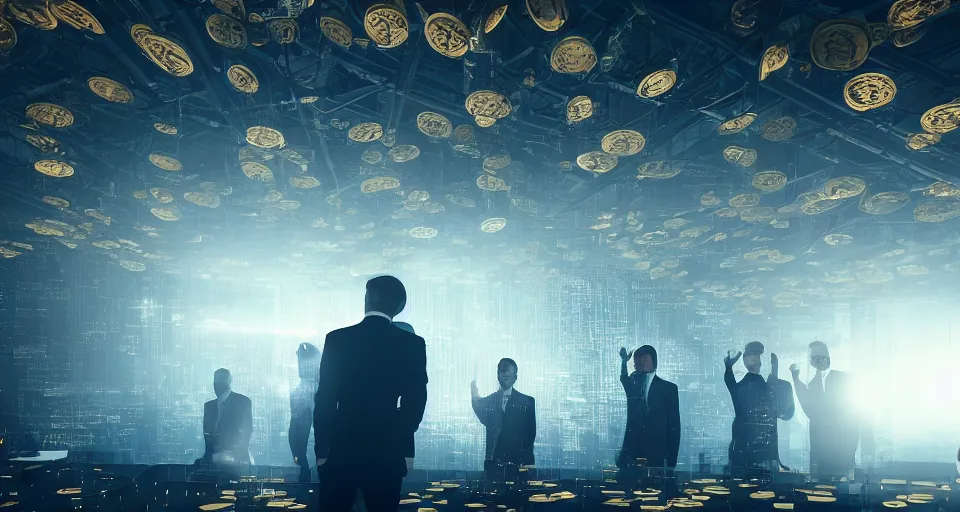 Image similar to Dramatic photo of a CEO waving goodbye to a group of silhouettes of his coworkers in a futuristic office. Golden coins are levitating all around them. 8k, high detail, trending on Artstation, volumetric lighting, cyberpunk