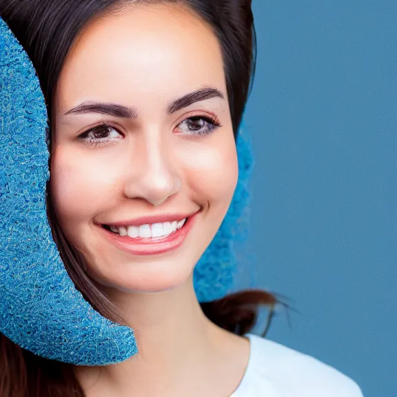 Image similar to portrait of 2 5 - year - old business woman oval face with angle 9 0 ° centred looking away breading fresh air, strong spirit and look between serious and happy, background soft blue