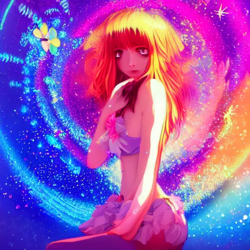 Image similar to psychedelic, whimsical, anime, 4k, beautiful intimate woman with professional makeup, long trippy hair, a crystal and flower dress, bathing in a reflective pond, underneath the stars, rainbow fireflies, trending on patreon, deviantart, twitter, artstation, volumetric lighting, heavy contrast, art style of Ross Tran and Ilya Kuvshinov