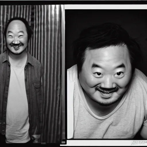 Prompt: photo portrait of comedian bobby lee, black and white, Kodak Ultra F9, 35mm