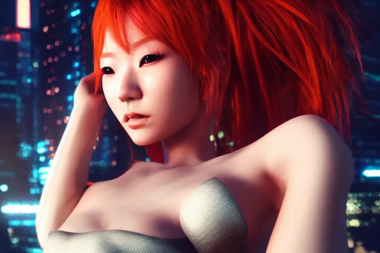 Prompt: hyperrealistic portrait of stunningly beautiful redhead japanese girl with cyber implants, lit in a dawn light, cyberpunk city on background, trending on artstation,ultrawide angle, f8 , polarizer , unreal engine