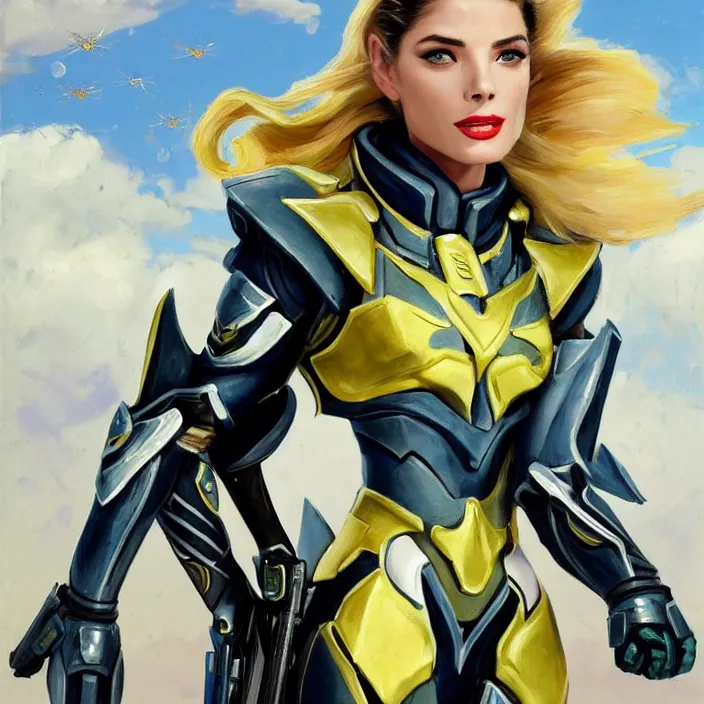 Image similar to A combination of Adriana Dxim's and Grace Kelly's and Ashley Greene's appearances with blonde hair wearing Interceptor's armor from Anthem, countryside, calm, fantasy character portrait, dynamic pose, above view, sunny day, thunder clouds in the sky, artwork by Jeremy Lipkin and Giuseppe Dangelico Pino and Michael Garmash and Rob Rey and Greg Manchess and Huang Guangjian, very coherent asymmetrical artwork, sharp edges, perfect face, simple form, 100mm