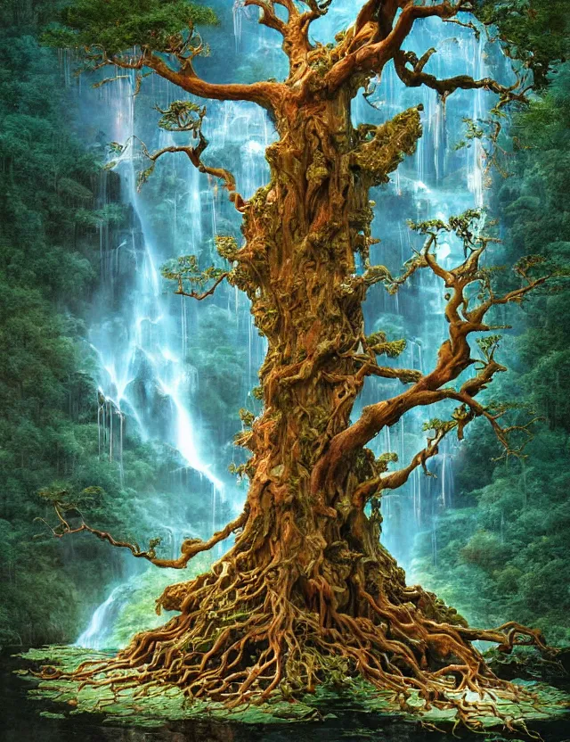 Prompt: an epic ancient tree with glowing lights in the branches with buttressed roots rising above a cairn with waterfalls and rivulets of water running down into an underground lake at dawn by james jean by pascal blanche by thomas blackshear, at dawn, volumetric light, spiritual light, houdini particles