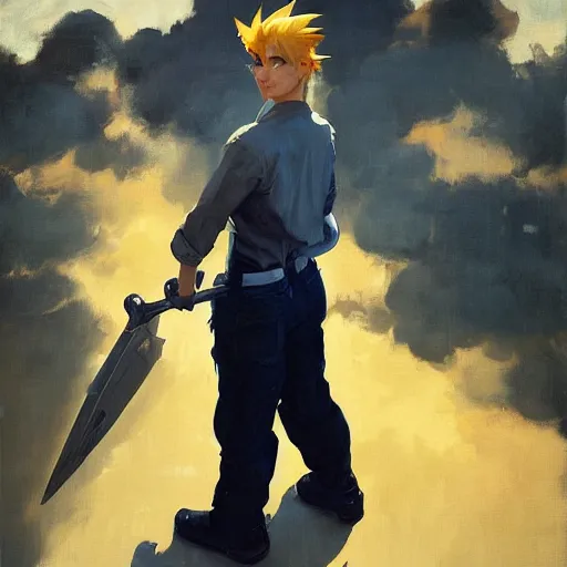 Image similar to greg manchess portrait of customer service cloud strife, medium shot, asymmetrical, profile picture, organic painting, sunny day, matte painting, bold shapes, hard edges, street art, trending on artstation, by huang guangjian and gil elvgren and sachin teng