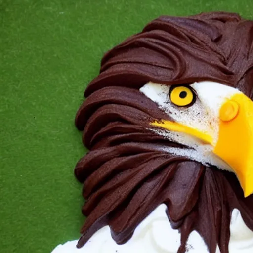 Image similar to a bald eagle made of chocolate powder, mango, and whipped cream