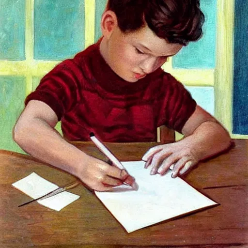 Image similar to 1950 painting of a boy writing a letter