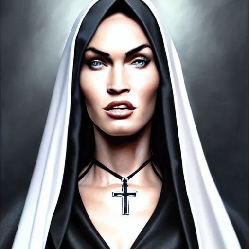 Image similar to portrait of megan fox as a nun in tight black robe, bible, christian, muscular upper body, collar, greek, jewelry, fantasy, intricate, elegant, highly detailed, digital painting, artstation, concept art, matte, sharp focus, illustration, art by aenaluck and roberto ferri and greg rutkowski, epic fantasy, digital painting