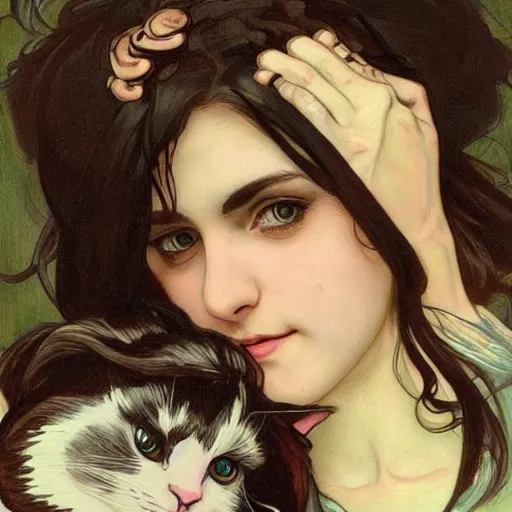 Image similar to cute emo german woman, with long dark hair, thick eyebrows!!! dark eyes and dark circles!, wide nose!!!, big eyes, oval face shape, big cheeks!, she is holding a cat in her arms, by juan villafuerte, greg rutkowski and alphonse mucha, pexels contest winner, high quality photo, hd rtx