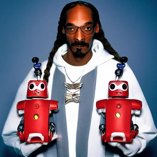 Image similar to Snoop Dogg holding two futuristic robots for a 1990s sitcom tv show, Studio Photograph, portrait, C 12.0