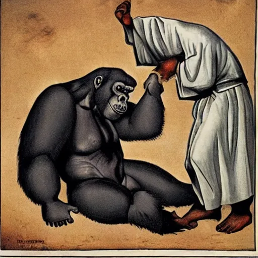 Prompt: a silverback gorilla beating up a nun