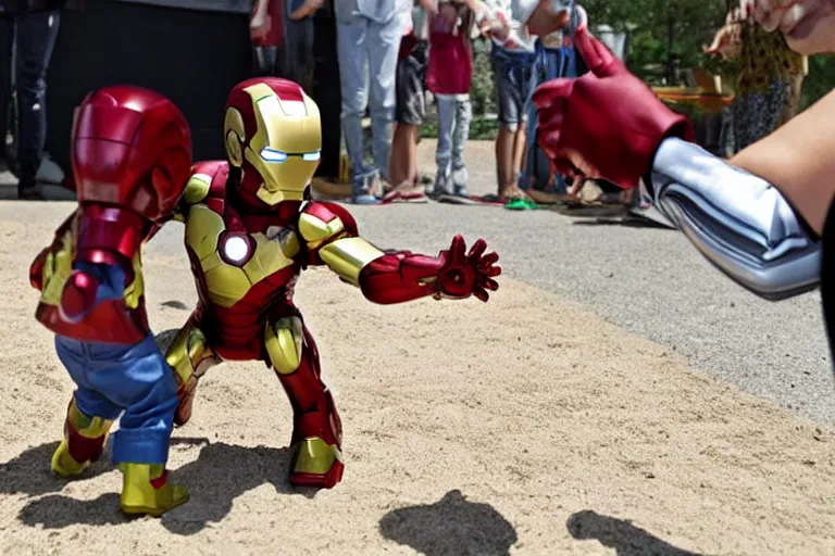 Image similar to iron man punching kids at sandbox