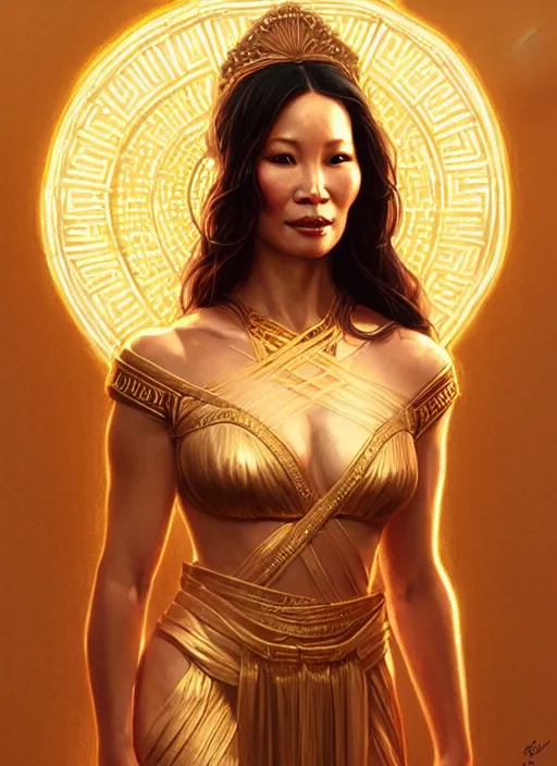 Prompt: lucy liu as greek goddess, intricate, elegant, glowing lights, highly detailed, digital painting, artstation, full figure, glamor pose, concept art, smooth, sharp focus, illustration, art by artgerm and greg rutkowski, artey freytag