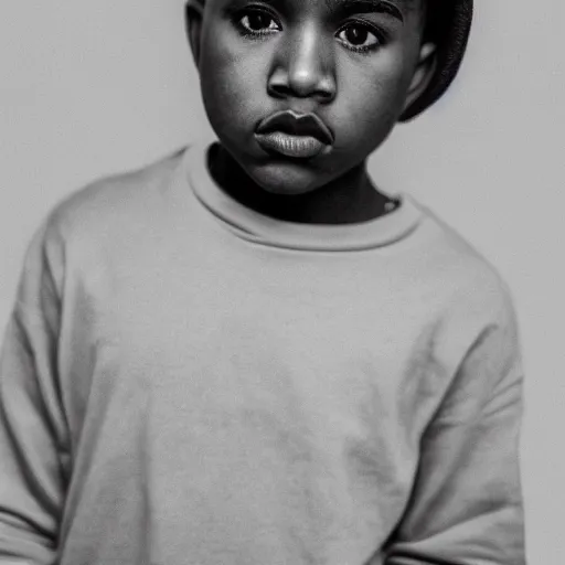 Image similar to the face of young kanye west wearing yeezy clothing at 1 2 years old, black and white portrait by julia cameron, chiaroscuro lighting, shallow depth of field, 8 0 mm, f 1. 8