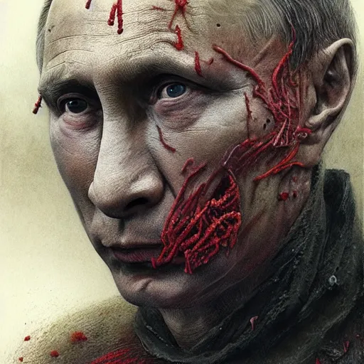 Prompt: vladimir putin face made of worms maggots, dark fantasy, intricate, highly detailed, smooth, artstation, painted by wayne barlowe, greg rutkowski, zdislav beksinski, francis bacon