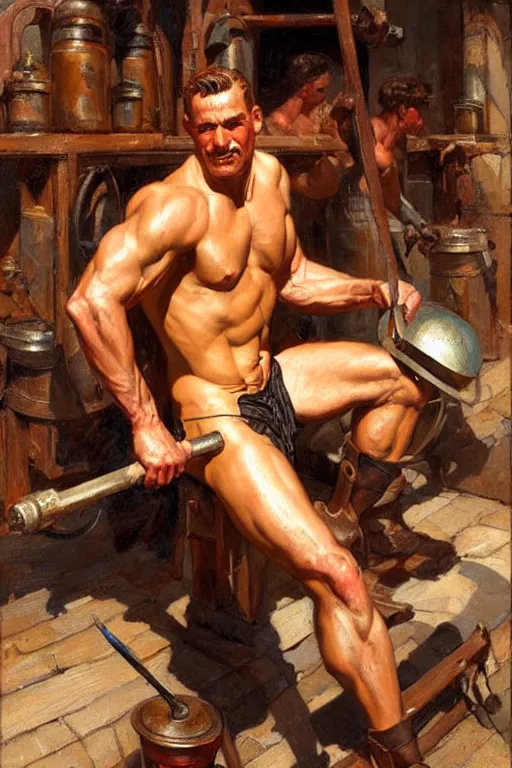 Image similar to muscular sweaty male blacksmith, forgehouse painting by gaston bussiere, craig mullins, j. c. leyendecker, tom of finland