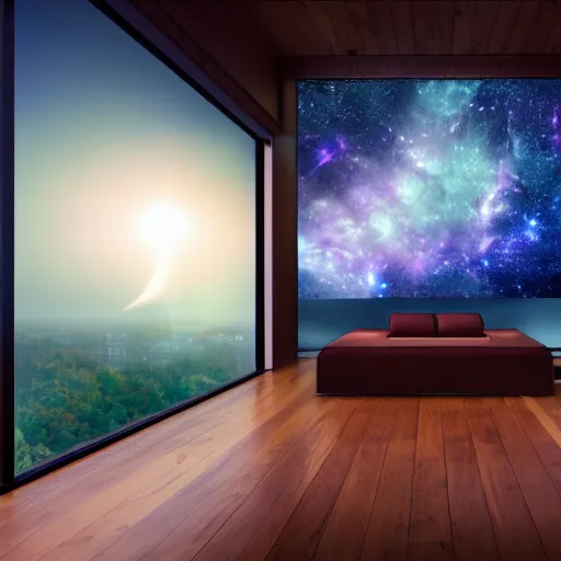 Image similar to wood room with a view of a nebula, modern architecture, cinematic, high quality, 8k, hyper realistic,