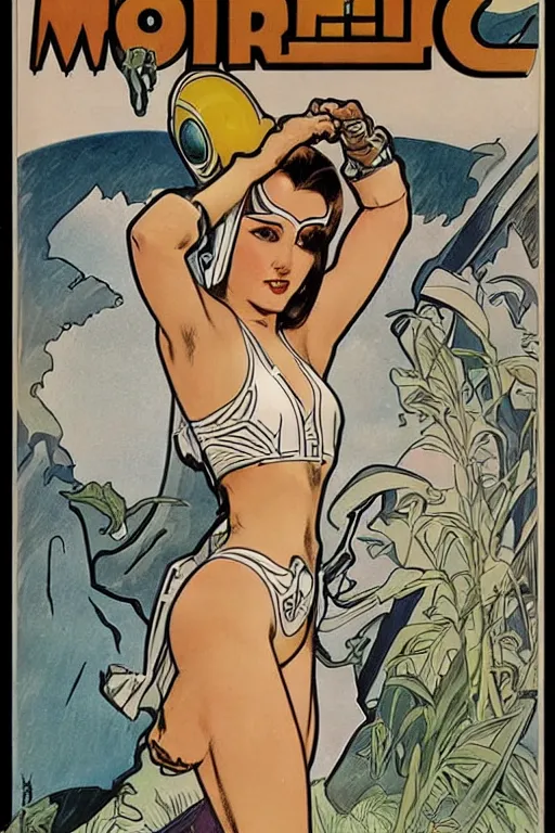 Image similar to female in white bikini with tattoos and stormtrooper helmet, well composed, clean elegant painting, beautiful detailed face. 6 0 s style advertising, comic book art by steve ditko and jack kirby and ( alphonse mucha )