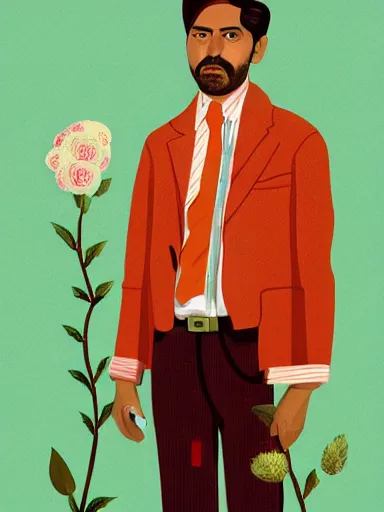 Image similar to artwork by Wes Anderson, Wes Anderson and Wes Anderson, of a solo individual portrait of an Indian guy with roses, dapper, simple illustration, domestic, nostalgic, full of details, by Wes Anderson and Wes Anderson, wes anderson, wes anderson, wes anderson, wes anderson, wes anderson, Matte painting, trending on artstation and unreal engine