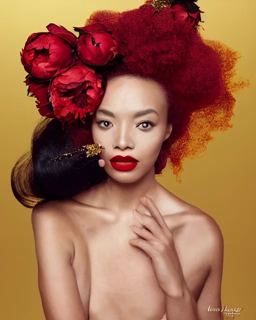 Image similar to Portrait of a European woman, black, close-up, high sharpness, zeiss lens, fashion photo shoot, peony flowers, red hair, red lipstick, in the background of gold, they have rhinestones on their face, Edward Buba, Annie Leibovitz and Steve McCurry, Leslie Zhang, David Lazar, Jimmy Nelsson, Eiko Hosoe, artistic, hyperrealistic, beautiful face, octane rendering