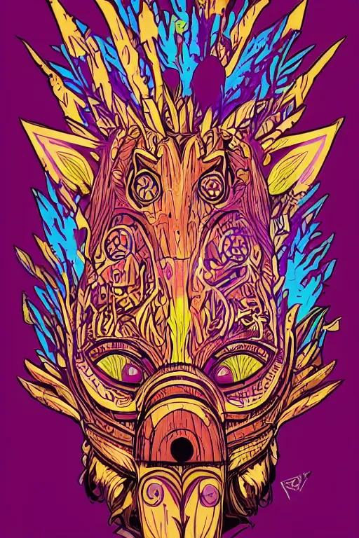 Image similar to animal mask totem roots flower tribal feather gemstone plant wood rock shaman vodoo video game vector cutout illustration vivid multicolor borderlands comics by josan gonzales and dan mumford radiating a glowing aura