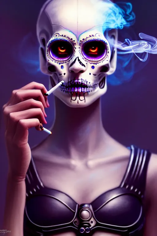 Image similar to ultra detailed, beautiful female android smoking a cigarette, scifi, fantasy, ( dia de los muertos ), triadic color scheme, intricate detailed, global illumination, concept art. smoke, calm, noir. art by godmachine and michael welan and rossdraws and artgerm and greg rutkowski and loish and wlop. 8 k, hdr