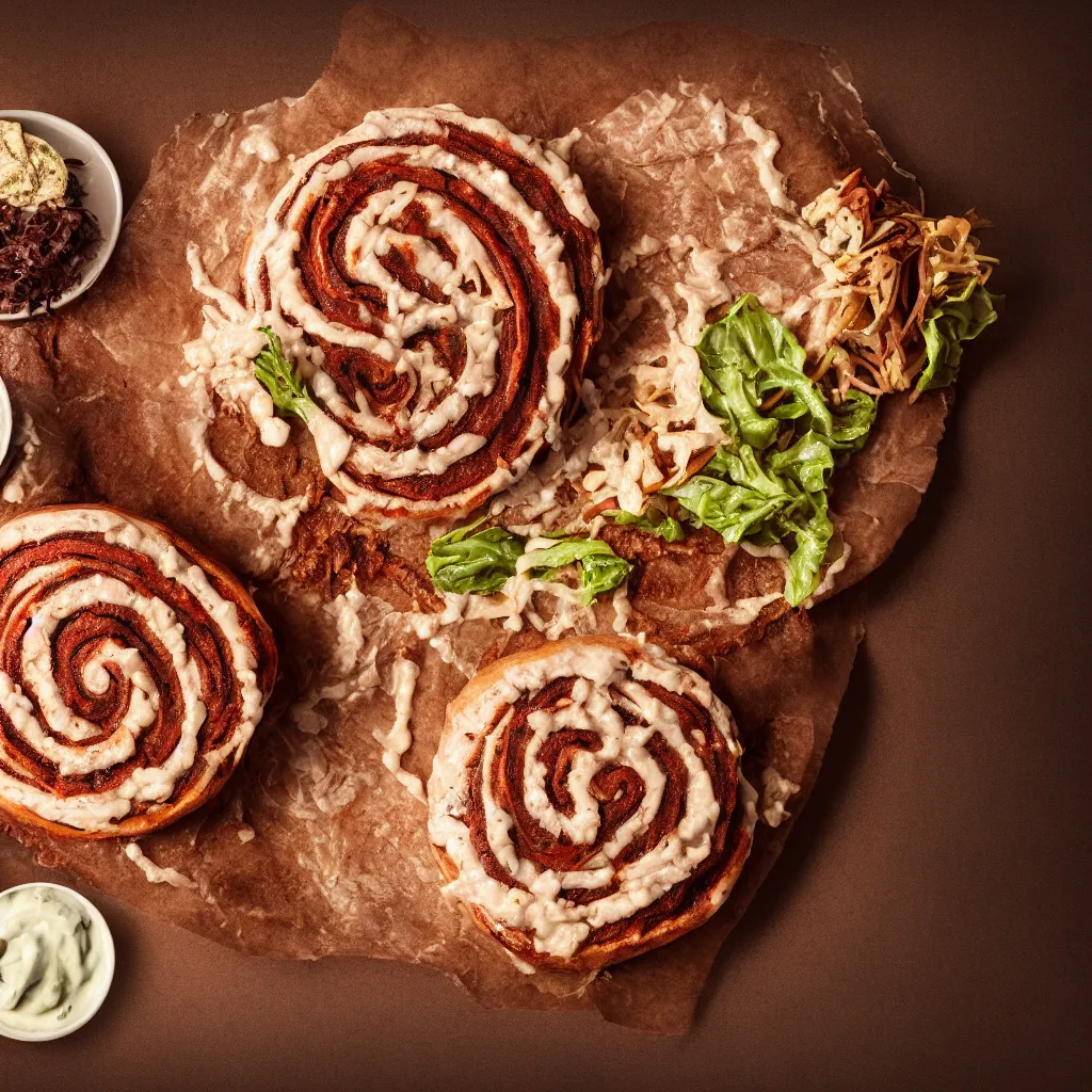 Prompt: a photo of a vegan doner with pizza taste and halapeno mayo, in the shape of a cinnamon roll, in the style of hr giger, octane render, 8 k