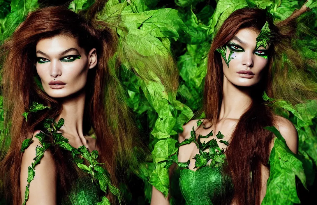 Image similar to A beautiful portrait of Ophelie Guillermand as Poison Ivy from Batman as a Versace fashion model Spring/Summer 2012, highly detailed, in the style of cinematic, Getty images, Milan fashion week backstage, Makeup by Pat McGrath, Greg rutkowski