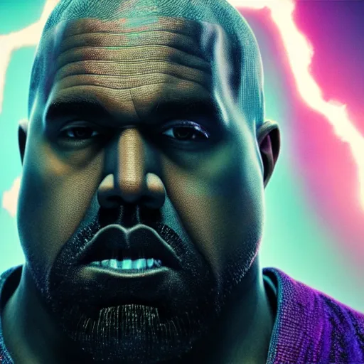 Image similar to Portrait of Kanye West as thanos, splash art, movie still, cinematic lighting, dramatic, octane render, long lens, shallow depth of field, bokeh, anamorphic lens flare, 8k, hyper detailed, 35mm film grain