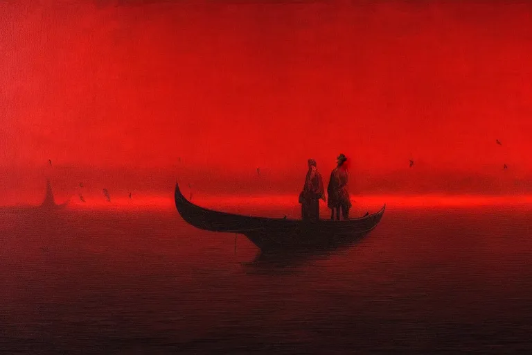 Image similar to only with red, a red dystopic knight, venice, flock of birds in the red sky, in the style of beksinski, parts by edward hopper, parts by rodcenko, parts by yue minjun, intricate and epic composition, red by caravaggio, insanely quality, highly detailed, masterpiece, red light, artstation, 4 k