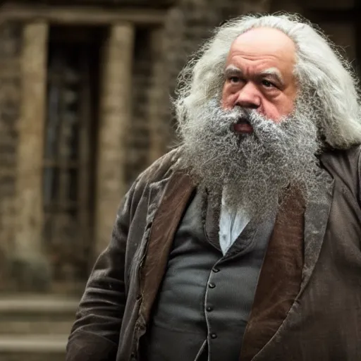 Image similar to karl marx as Hagrid, still from harry potter movie, 4k, cinematic