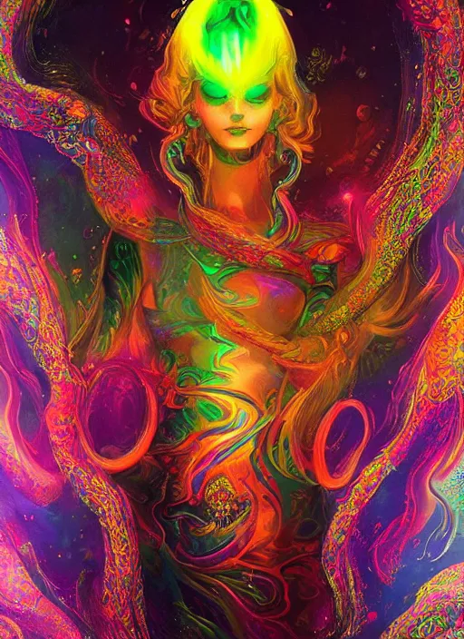 Image similar to psychedelic [ [ [ [ chemiluminescence ] ] ] ] elegant woman chakra spirit with smoke and fluid dynamics, colorful, psychedelic, ornate, intricate, digital painting, concept art, smooth, sharp focus, illustration, blacklight reacting, art by artgerm and greg rutkowski