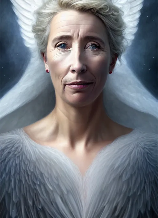 Image similar to emma thompson as an angel with cloak, aesthetic, fine art, intricate, elegant, highly detailed, realistic hair, centered, digital painting, art station, conceptual art, soft, sharp focus, illustration, artwork, artgerm, tomasz alen kopera, peter mohrbacher, donato giancola, wlop, boris vallejo