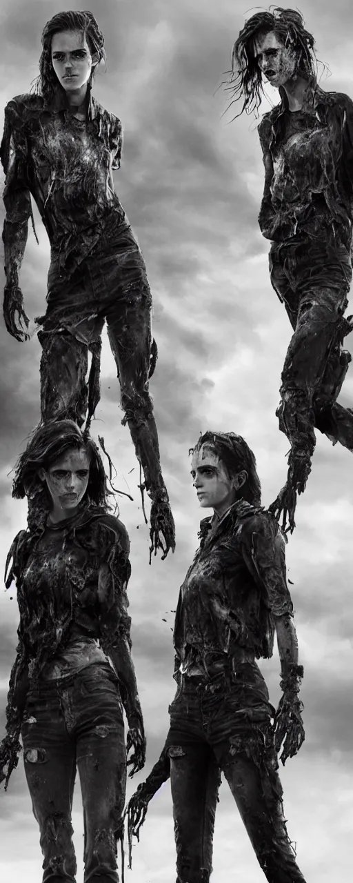 Image similar to twinned sisters Emma Watson action poses dishevelled photorealistic portrait grimy sweating wet face dirty t-shirt and torn jeans in broken biomechanical fractal armour abandoned exploding sci-fi gas station, dark and dim atmospheric smog trending on artstation 8k matte painting, dramatic lighting, dramatic shadows professional photograph by Herb Ritts