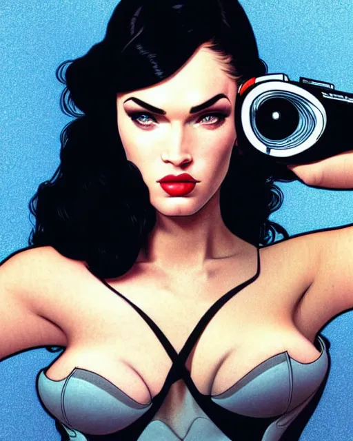 Image similar to low angle closeup very seductive megan fox retro scifi goddess pinup, vr goggles, action glamour pose, windblown dark hair, hyper detailed, digital art, studio lighting, smooth, ambient lighting, sharp focus, frank miller, wlop, anna dittmann, moebius!, alphonse mucha, patrick nagle!!!, rim lighting, synthwave