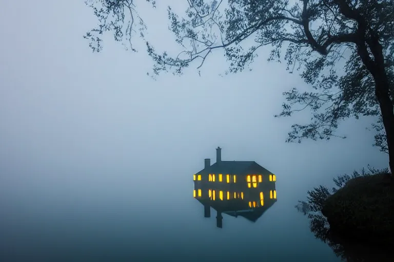 Prompt: old house in the middle of the lake, fog, moon rays through the fog, night sky, yellow stars, deep blue mood, by stanley kubrick