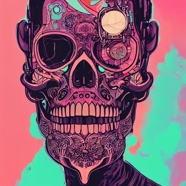 Prompt: a beautiful painting of a cyberpunk skull by sachin teng and pascal blanche and alphonse mucha and nekro and josan gonzalez. in style of vector art. film noirs, akira, brush stroke, vibrating colors, hyper detailed. octane render. trending on artstation