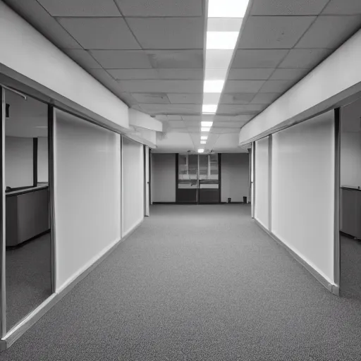 Prompt: an empty abandoned office building with fluorescent lighting, paper cluttered across the floor, endless rooms, liminal space, uneasy, flickering lights, scp, the backroom