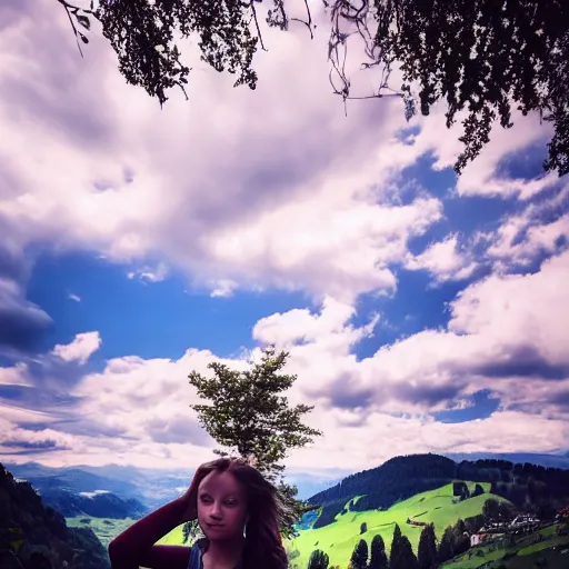 Image similar to a beautiful photograph of a girl with switzerland landscape in the background with trees, hdr, 8 k, high quality, sharp focus, artstation, highly detailed, award - winning, dramatic lighting, beautiful clouds, and nature