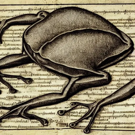 Image similar to an detailed anatomical diagram depicting the dissection of a frog. 15th century medical textbook. high quality etching.