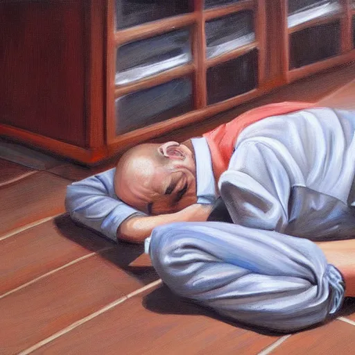 Prompt: realistic painting of a man passed out asleep on the floor of his office