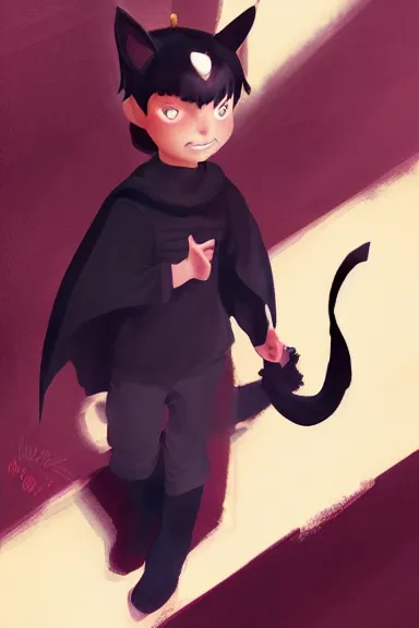 Image similar to little boy with cat ears in an black outfit with red cape. digital painting made by lois van baarle and marc simonetti, sharpness focus, inspired by hirohiko araki, anatomically correct, heroic composition, hero pose, smooth