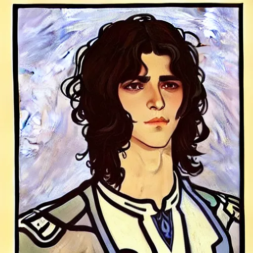 Image similar to painting of young handsome beautiful paladin elf! man with long wavy dark hair in his 2 0 s named shadow taehyung at the blueberry party, wearing armor!, elegant, clear, painting, stylized, delicate, soft facial features, art, art by alphonse mucha, vincent van gogh, egon schiele,